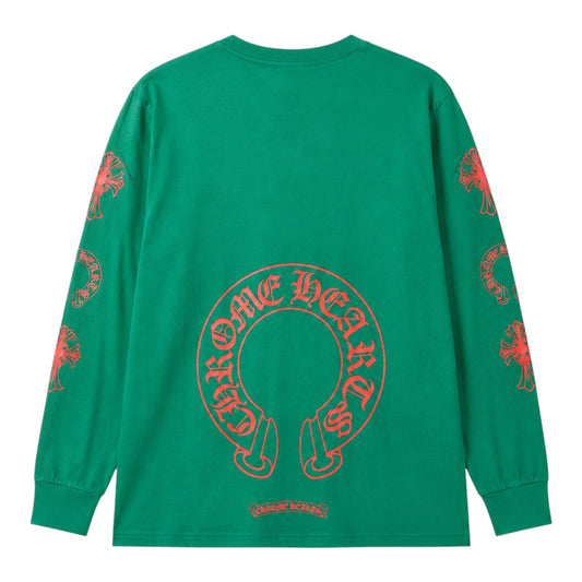 OFFCODE.USA green long sleeve t-shirt featuring a large red horseshoe logo on the back and cross prints on sleeves.