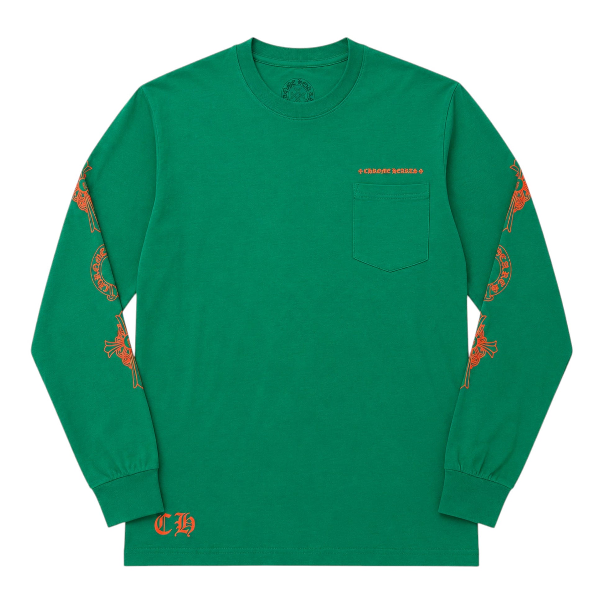 OFFCODE.USA green long-sleeve cotton t-shirt with orange horseshoe graphics on sleeves and chest pocket