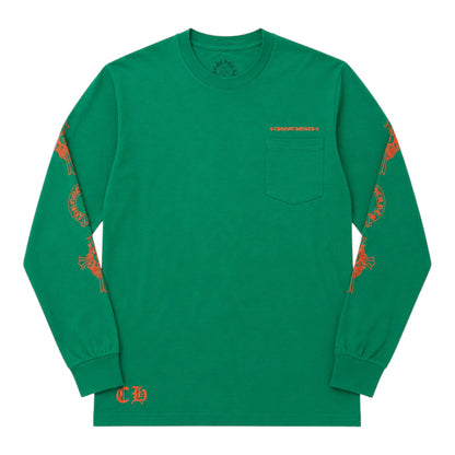 OFFCODE.USA green long-sleeve cotton t-shirt with orange horseshoe graphics on sleeves and chest pocket