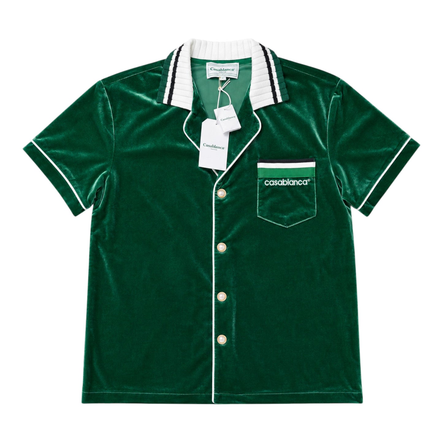 OFFCODE.USA green velour short-sleeved shirt with white piping and Casablanca logo on chest pocket.