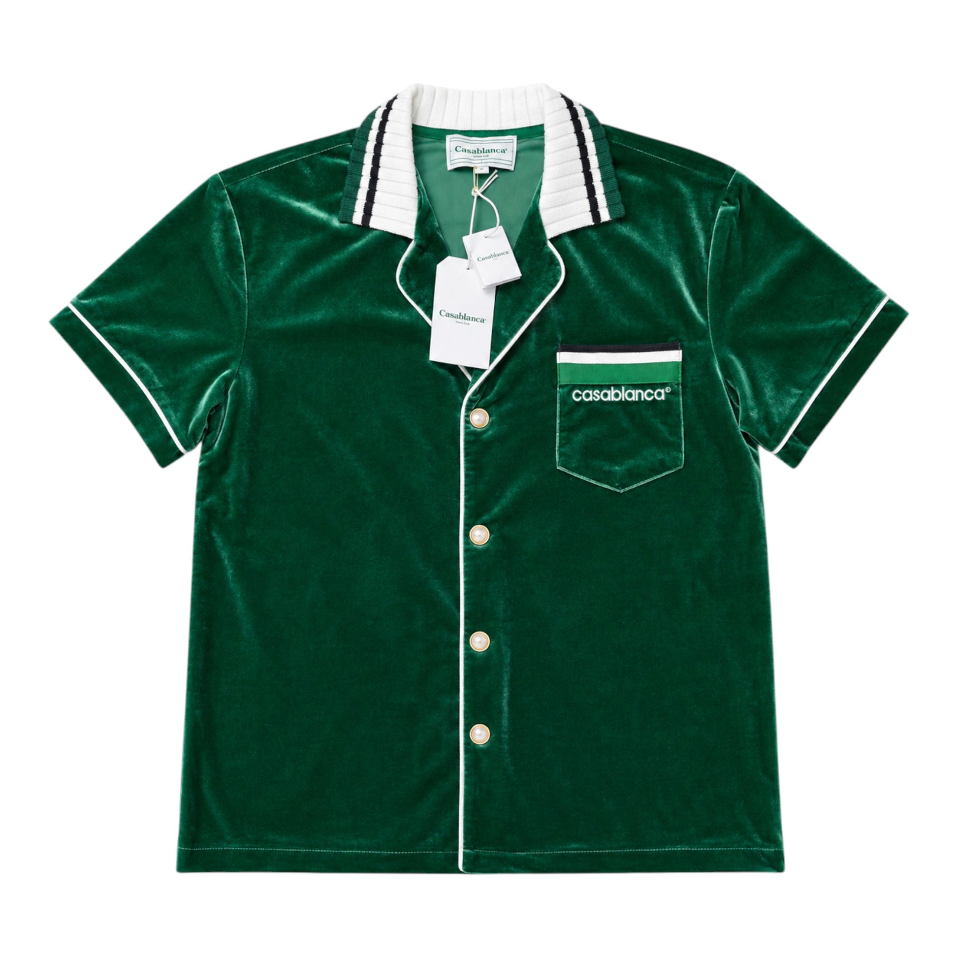 OFFCODE.USA green velour short-sleeved shirt with white piping and Casablanca logo on chest pocket.