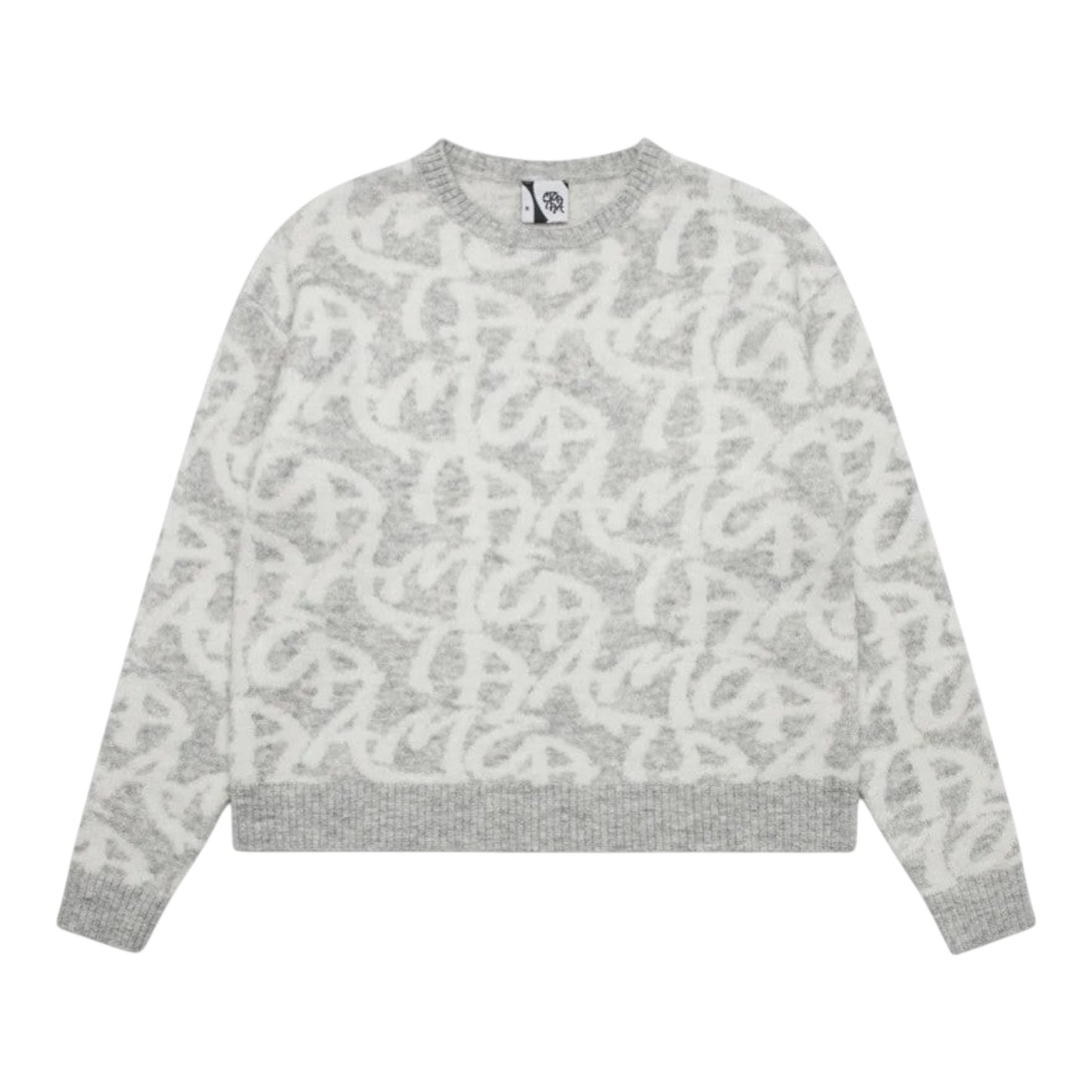 OFFCODE.USA grey alpaca-wool blend sweater with all over monogram logo pattern and boxy fit.