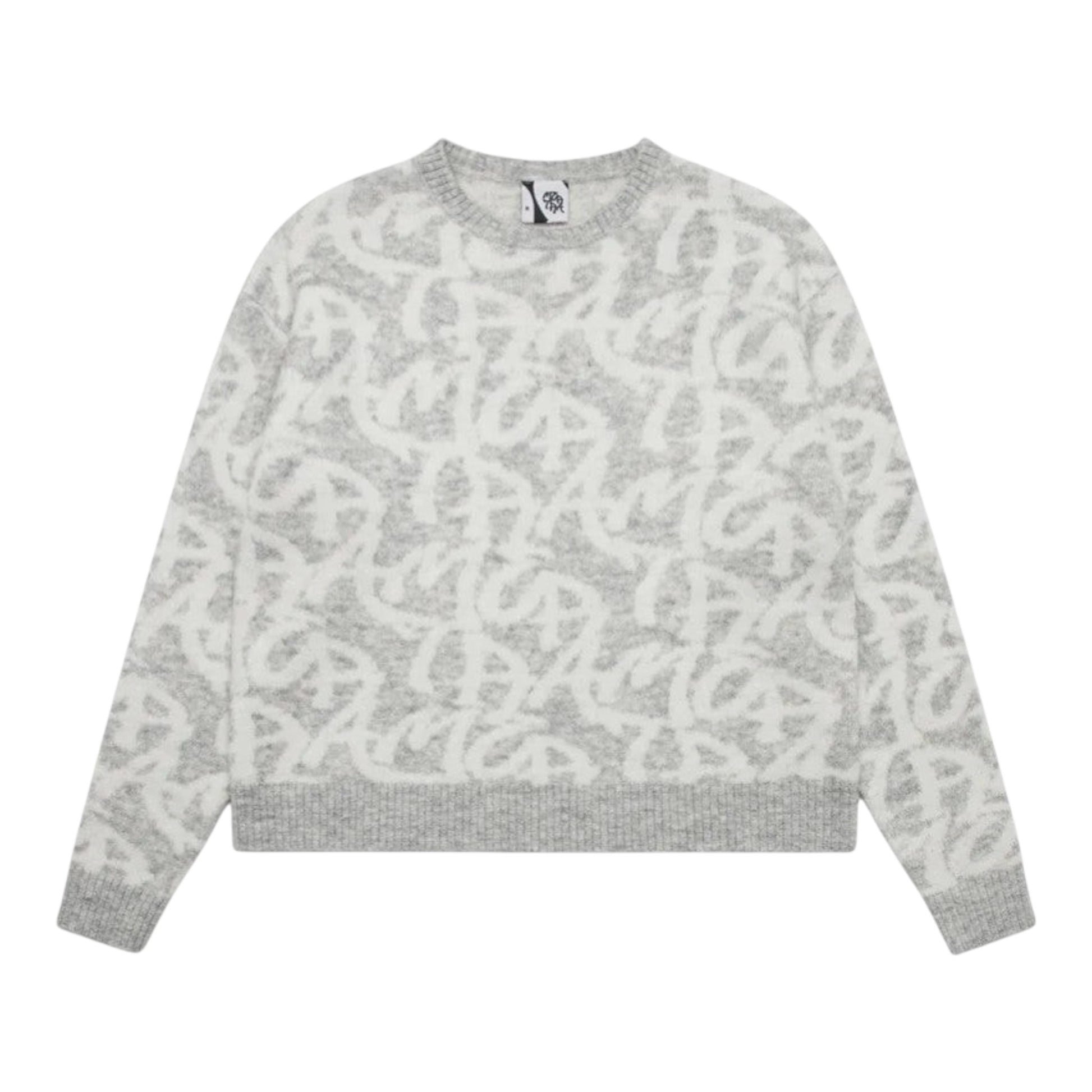 OFFCODE.USA grey alpaca-wool blend sweater with all over monogram logo pattern and boxy fit.