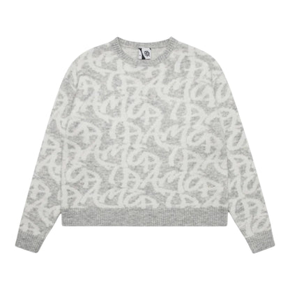 OFFCODE.USA grey alpaca-wool blend sweater with all over monogram logo pattern and boxy fit.