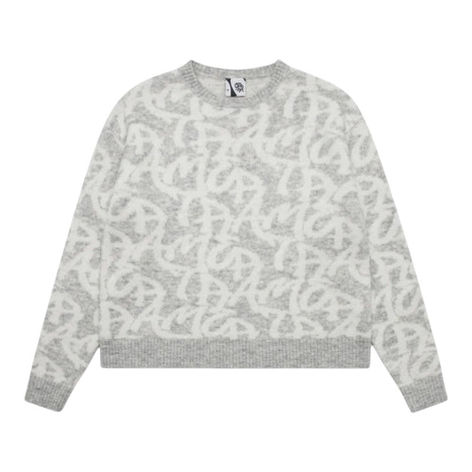 OFFCODE.USA grey alpaca-wool blend sweater with all over monogram logo pattern and boxy fit.