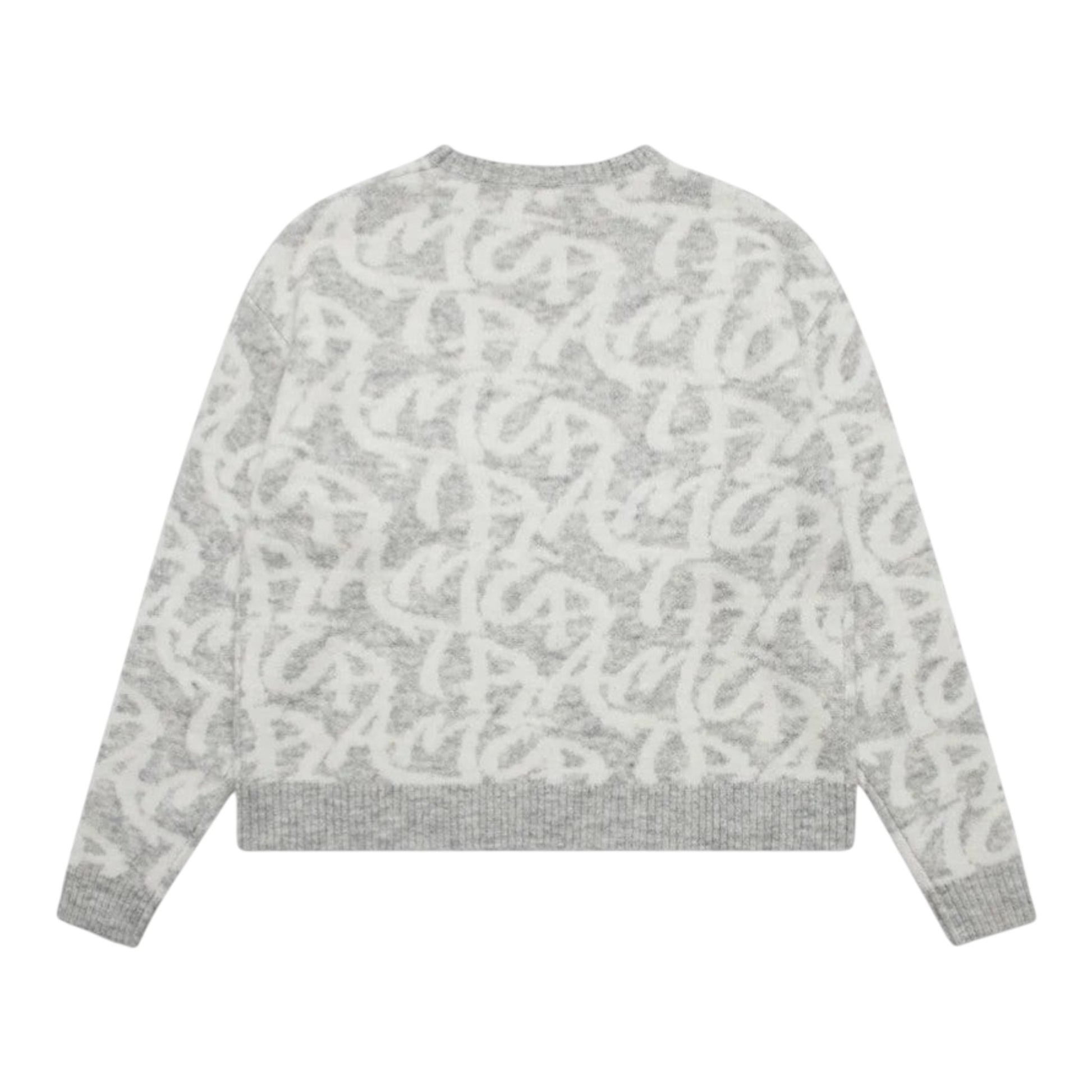 OFFCODE.USA grey alpaca-wool blend sweater with all over monogram logo pattern and boxy fit.