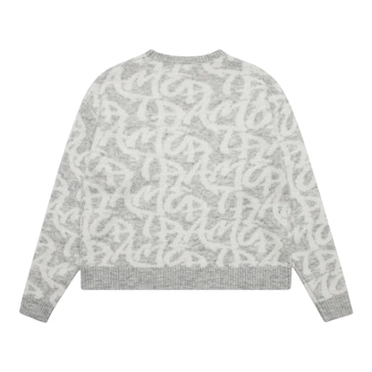 OFFCODE.USA grey alpaca-wool blend sweater with all over monogram logo pattern and boxy fit.