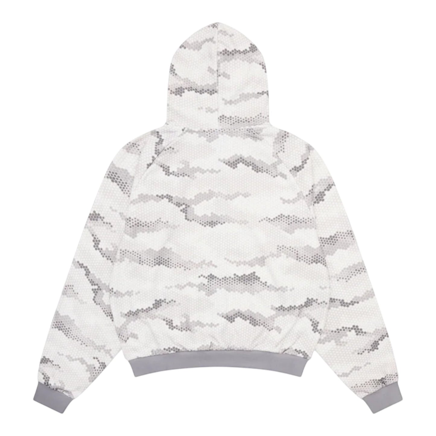 OFFCODE.USA grey digital camo snakeskin hoodie with seamless hood and embroidered chest graphic. Cotton-poly blend.