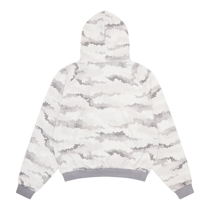 OFFCODE.USA grey digital camo snakeskin hoodie with seamless hood and embroidered chest graphic. Cotton-poly blend.