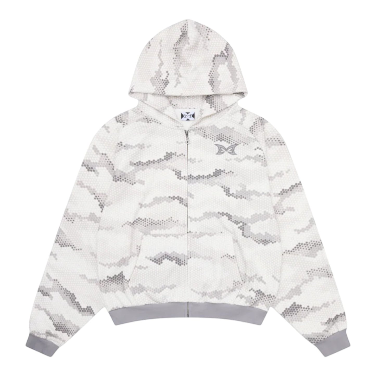 OFFCODE.USA grey snakeskin digital camo zip-up hoodie with embroidered chest graphic and seamless hood.