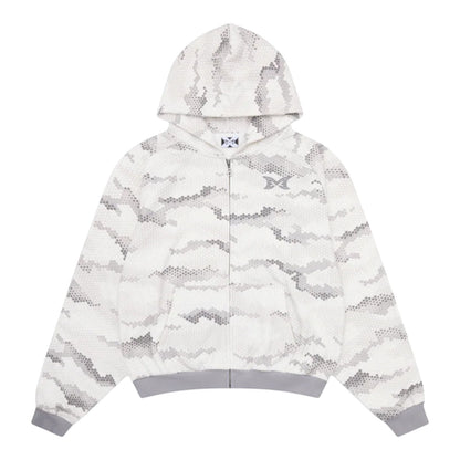 OFFCODE.USA grey snakeskin digital camo zip-up hoodie with embroidered chest graphic and seamless hood.