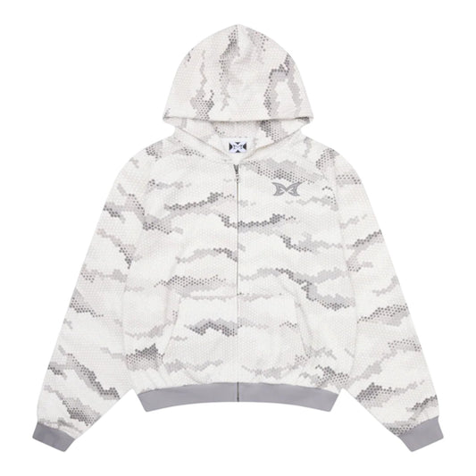 OFFCODE.USA grey snakeskin digital camo zip-up hoodie with embroidered chest graphic and seamless hood.