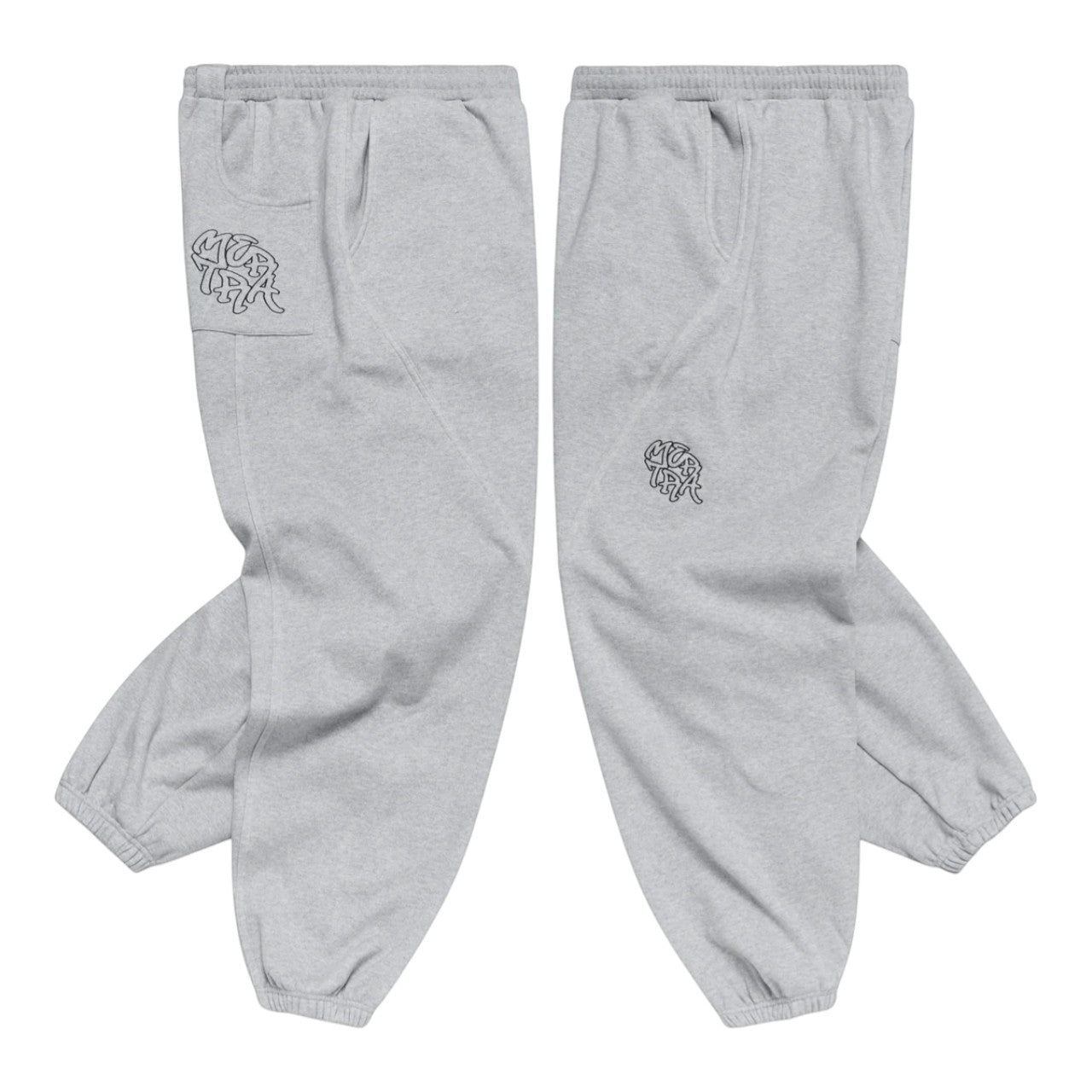 OFFCODE.USA grey cotton-poly blend baggy fit joggers with embroidered graphics and cuffed hems.