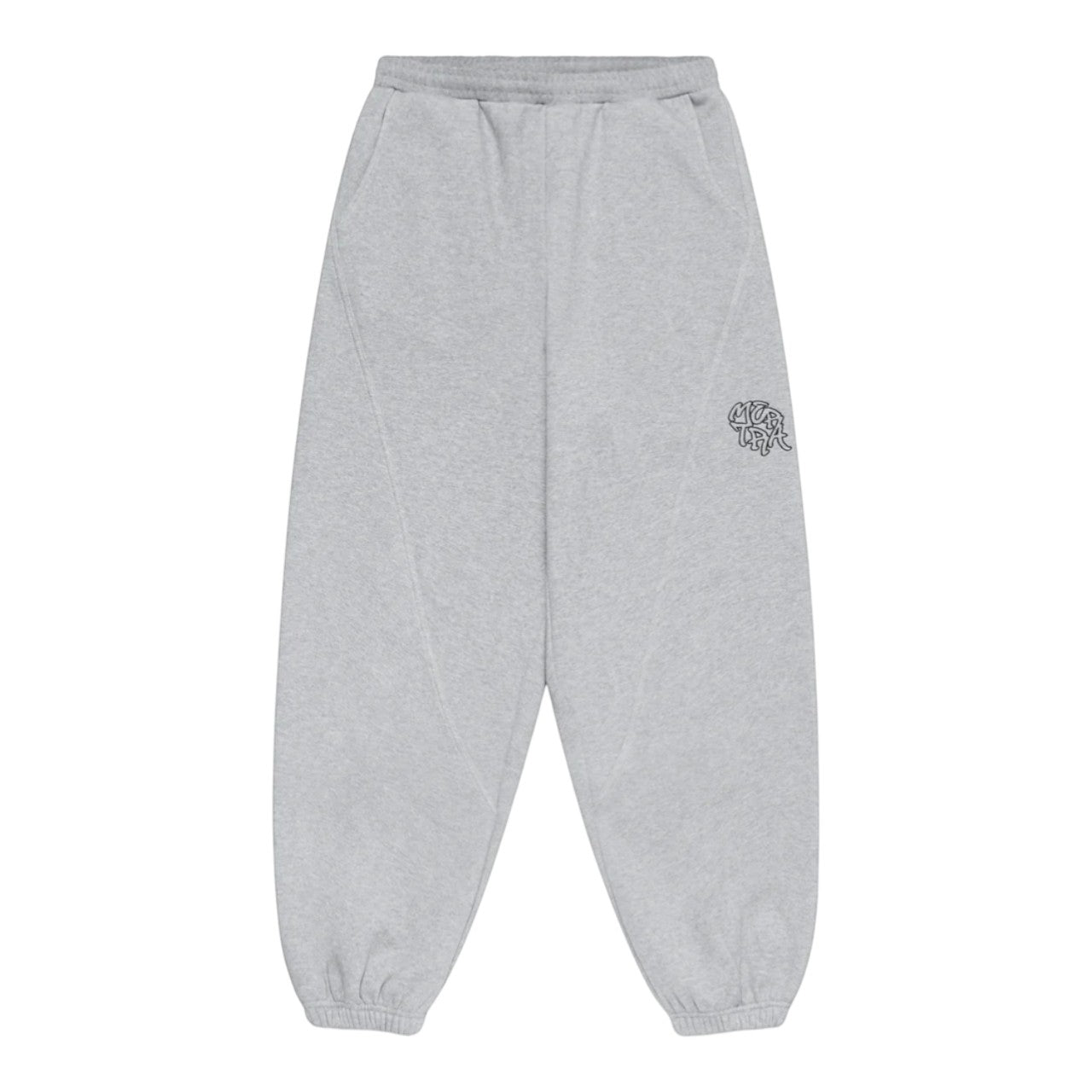 OFFCODE.USA grey baggy fit joggers with signature panelling and embroidered graphic on the left leg.