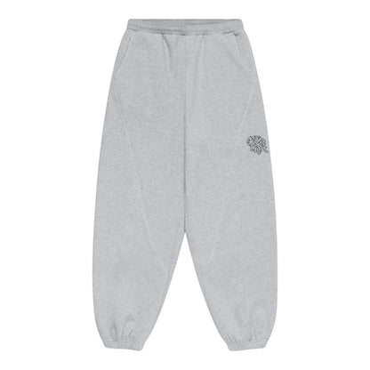 OFFCODE.USA grey baggy fit joggers with signature panelling and embroidered graphic on the left leg.