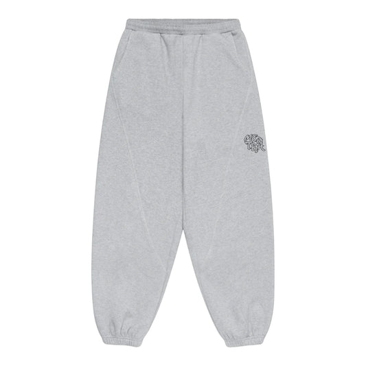 OFFCODE.USA grey baggy fit joggers with signature panelling and embroidered graphic on the left leg.