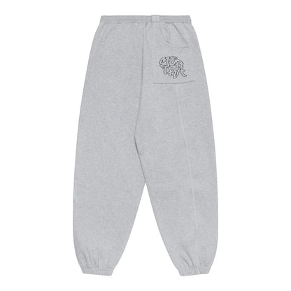 OFFCODE.USA grey cotton-poly blend baggy fit joggers with signature back pocket and embroidered graphics.