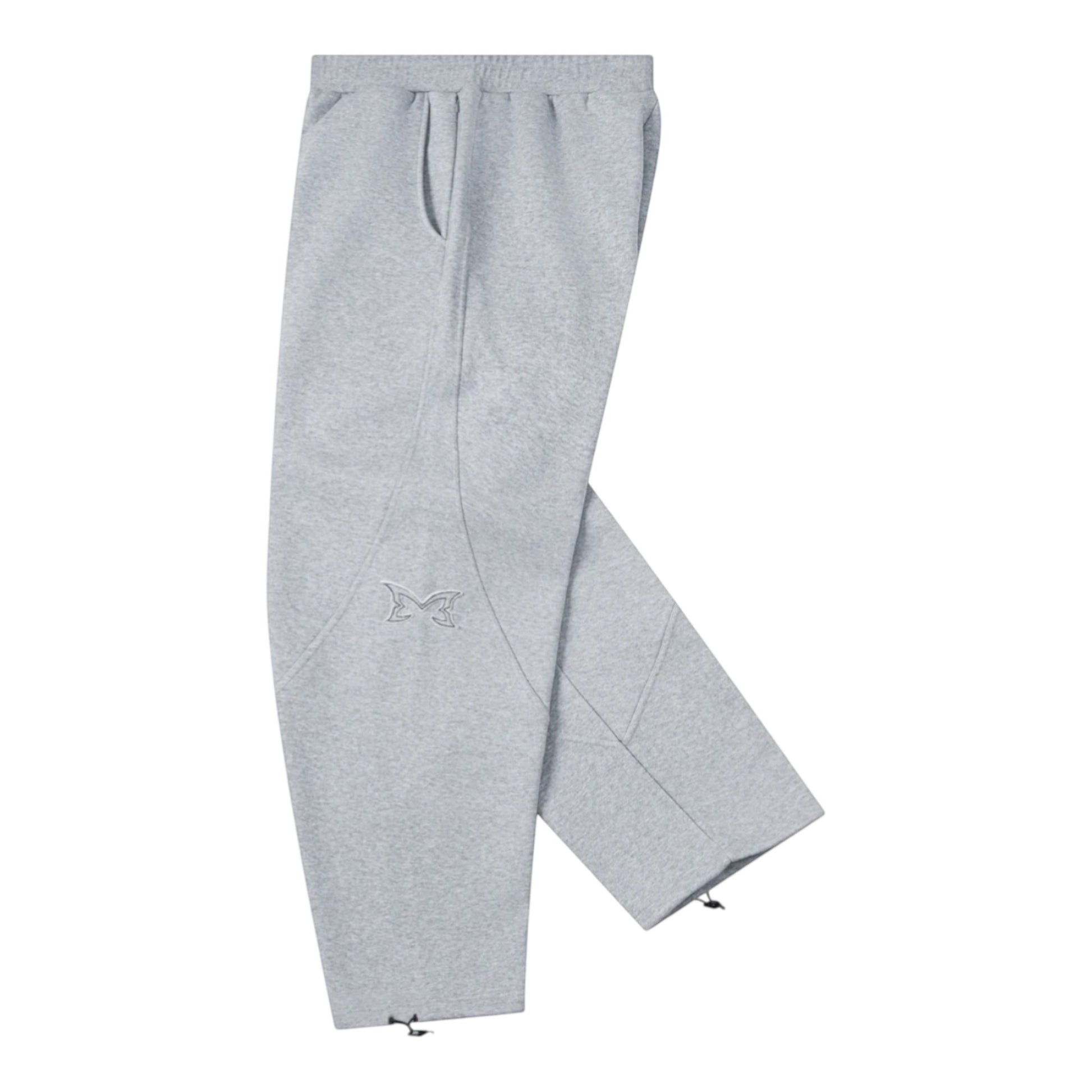 OFFCODE.USA grey cotton blend joggers with dual panelling, embroidered logo, and ankle toggles.
