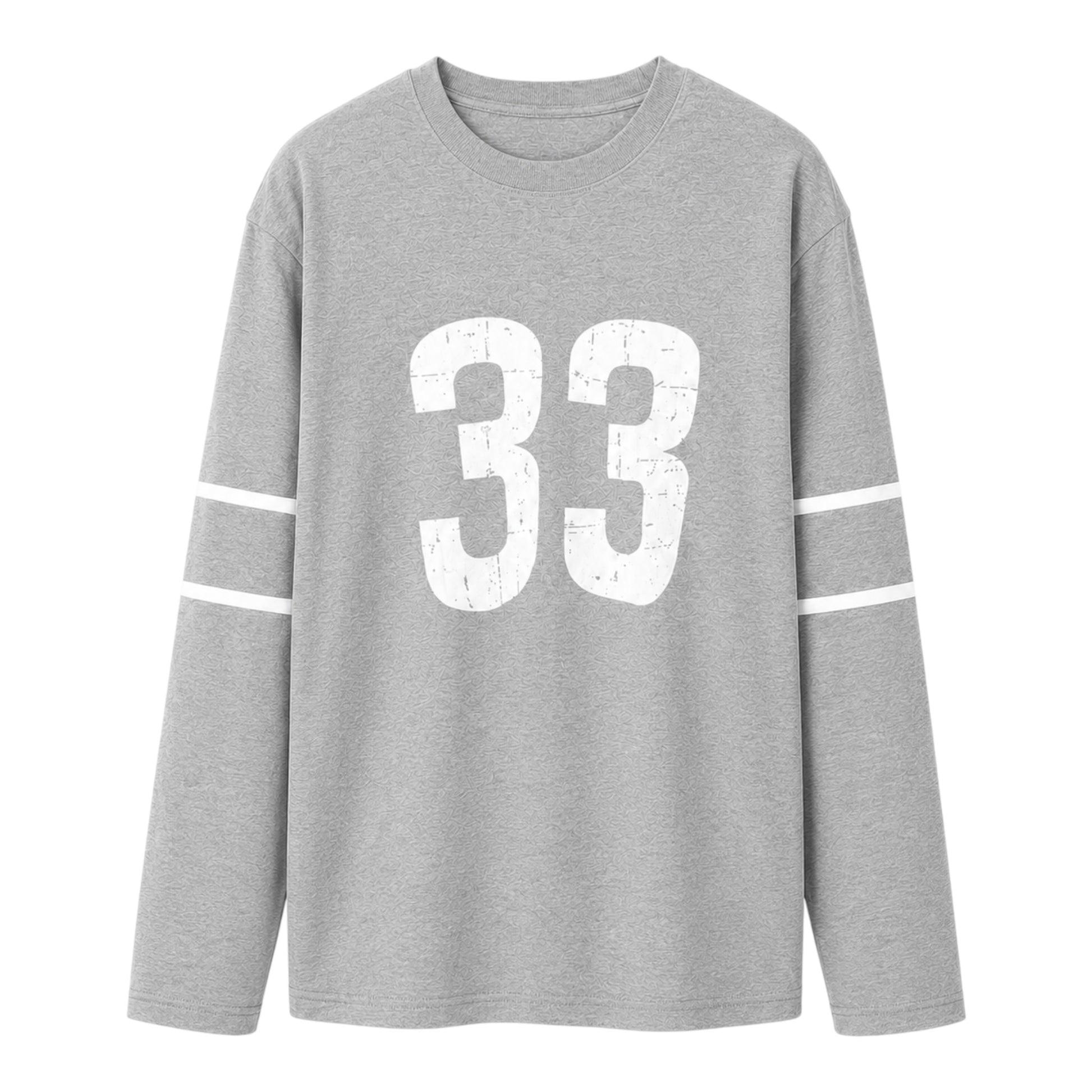 OFFCODE.USA grey long sleeve tee with white number 33 graphic and double stripe sleeve detail
