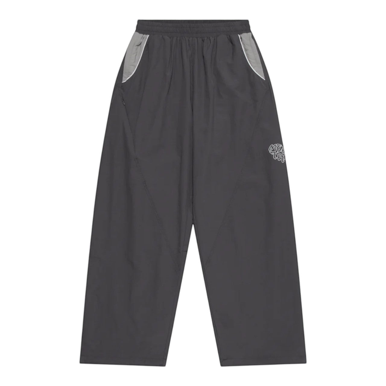 OFFCODE.USA grey nylon track pants with white 3D piping, applique mesh logo, and ankle toggles.