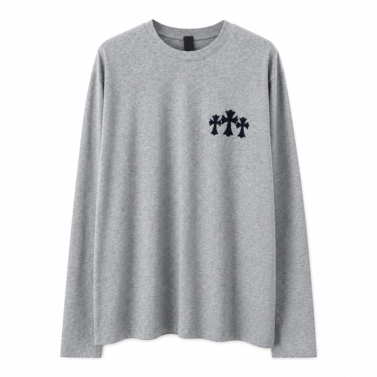 OFFCODE.USA grey long sleeve t-shirt featuring a black triple cross logo on the chest