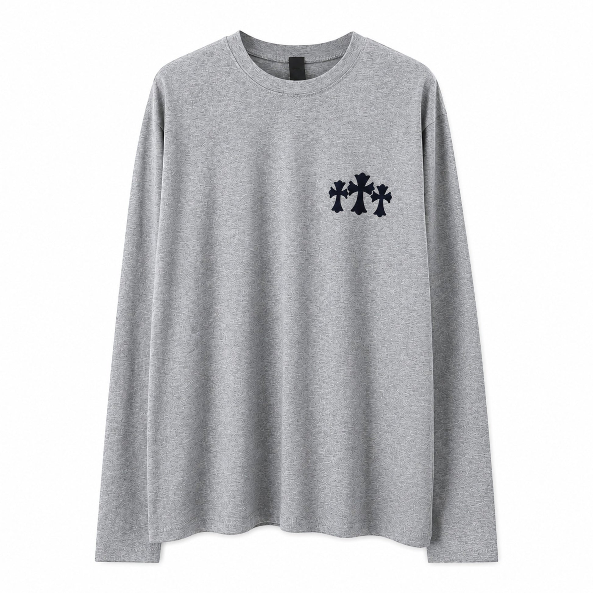 OFFCODE.USA grey long sleeve t-shirt featuring a black triple cross logo on the chest
