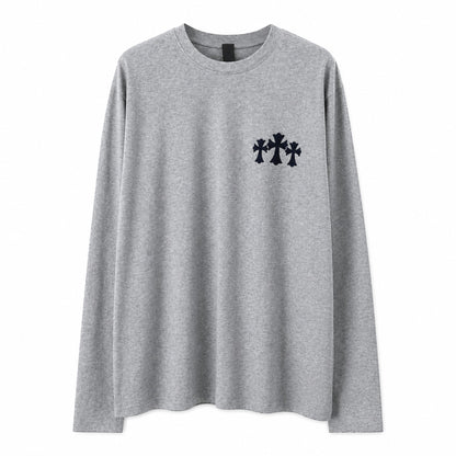 OFFCODE.USA grey long sleeve t-shirt featuring a black triple cross logo on the chest