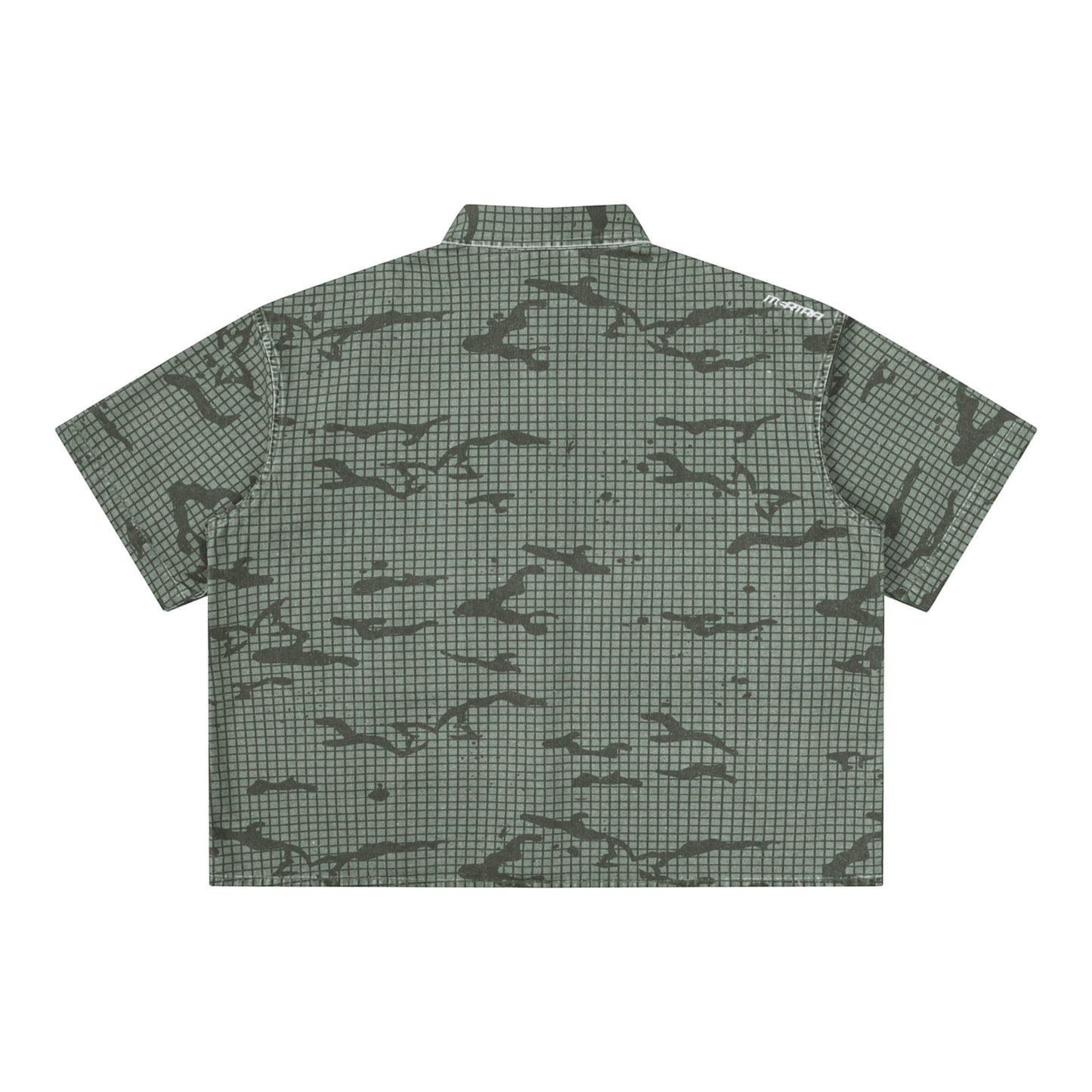OFFCODE.USA Grid Camo Shirt in 100% cotton with embroidered logos and tortoise shell button. Boxy fit.