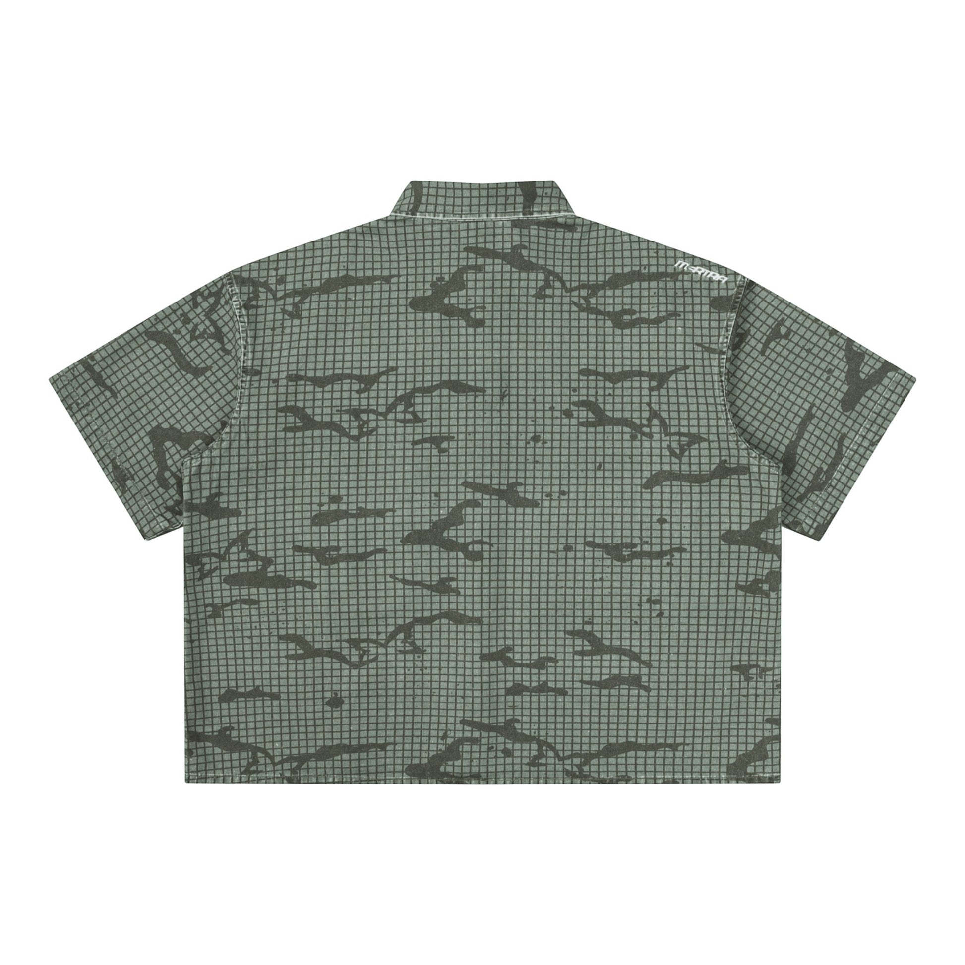 OFFCODE.USA Grid Camo Shirt in 100% cotton with embroidered logos and tortoise shell button. Boxy fit.
