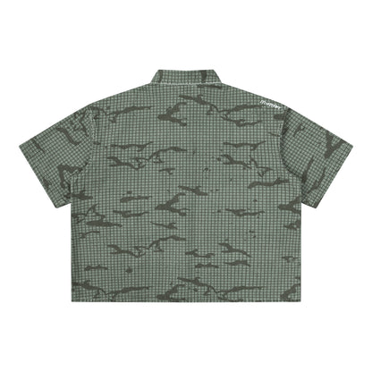 OFFCODE.USA Grid Camo Shirt in 100% cotton with embroidered logos and tortoise shell button. Boxy fit.
