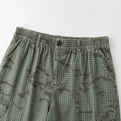 OFFCODE.USA Grid Camo Shorts in 100% cotton with a grid camo print, tortoise shell button, and YKK fly zipper.