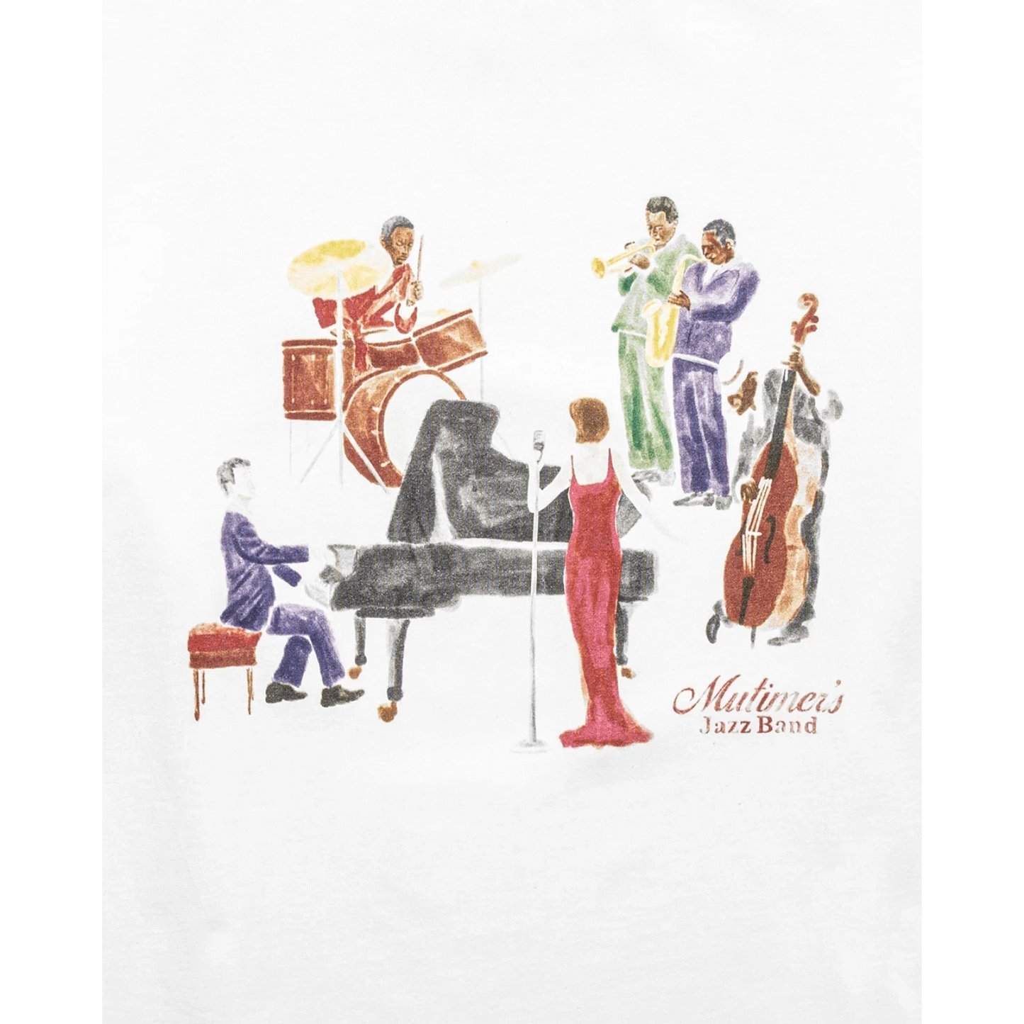 OFFCODE.USA white t-shirt with a watercolor-style graphic of a jazz band playing piano, drums, saxophone, trumpet, and upright bass.