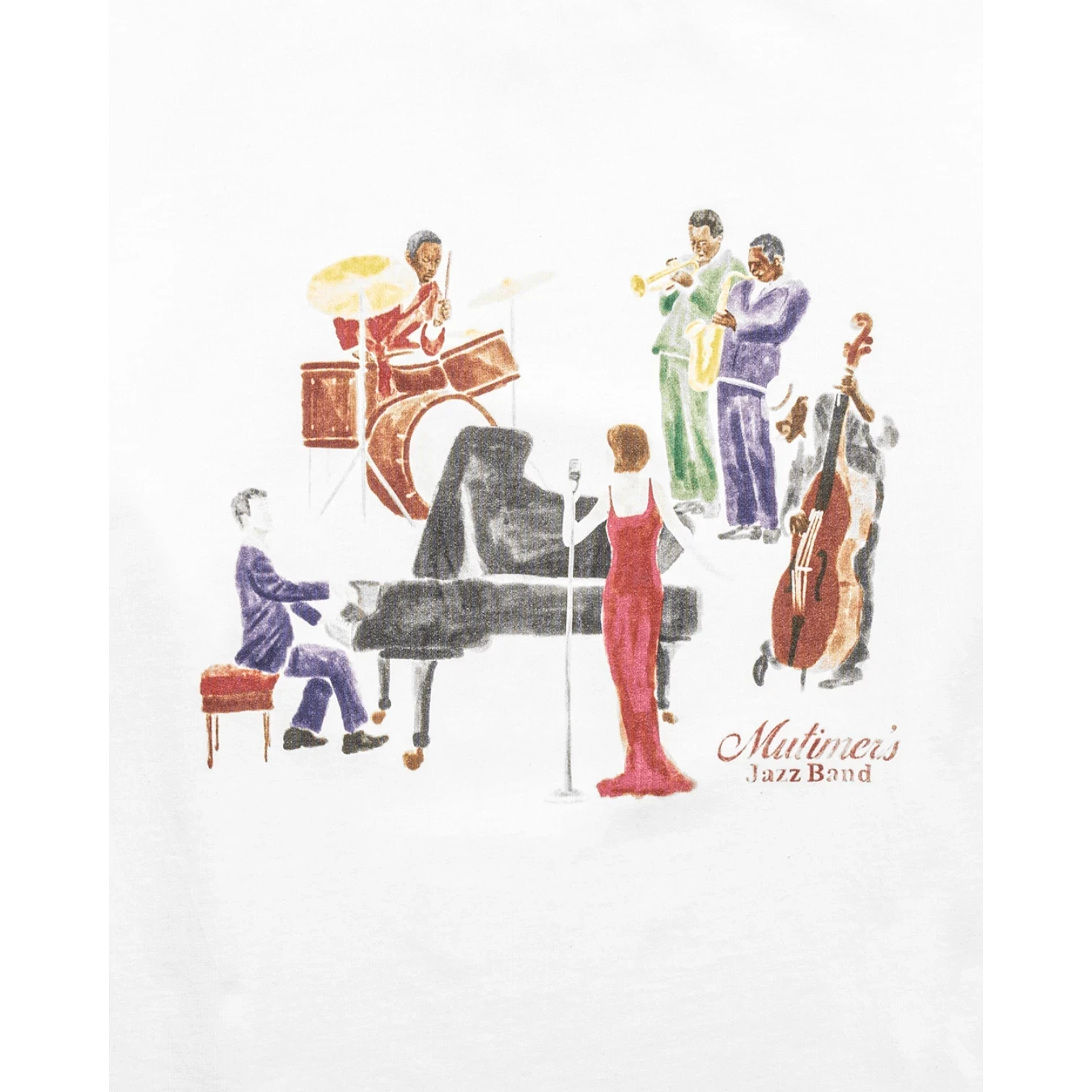 OFFCODE.USA white t-shirt with a watercolor-style graphic of a jazz band playing piano, drums, saxophone, trumpet, and upright bass.
