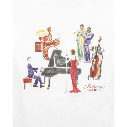 OFFCODE.USA white t-shirt with a watercolor-style graphic of a jazz band playing piano, drums, saxophone, trumpet, and upright bass.