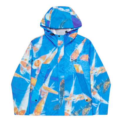 OFFCODE.USA blue waterproof polyester Koi jacket with hood, velcro wrist straps, and waist toggles.