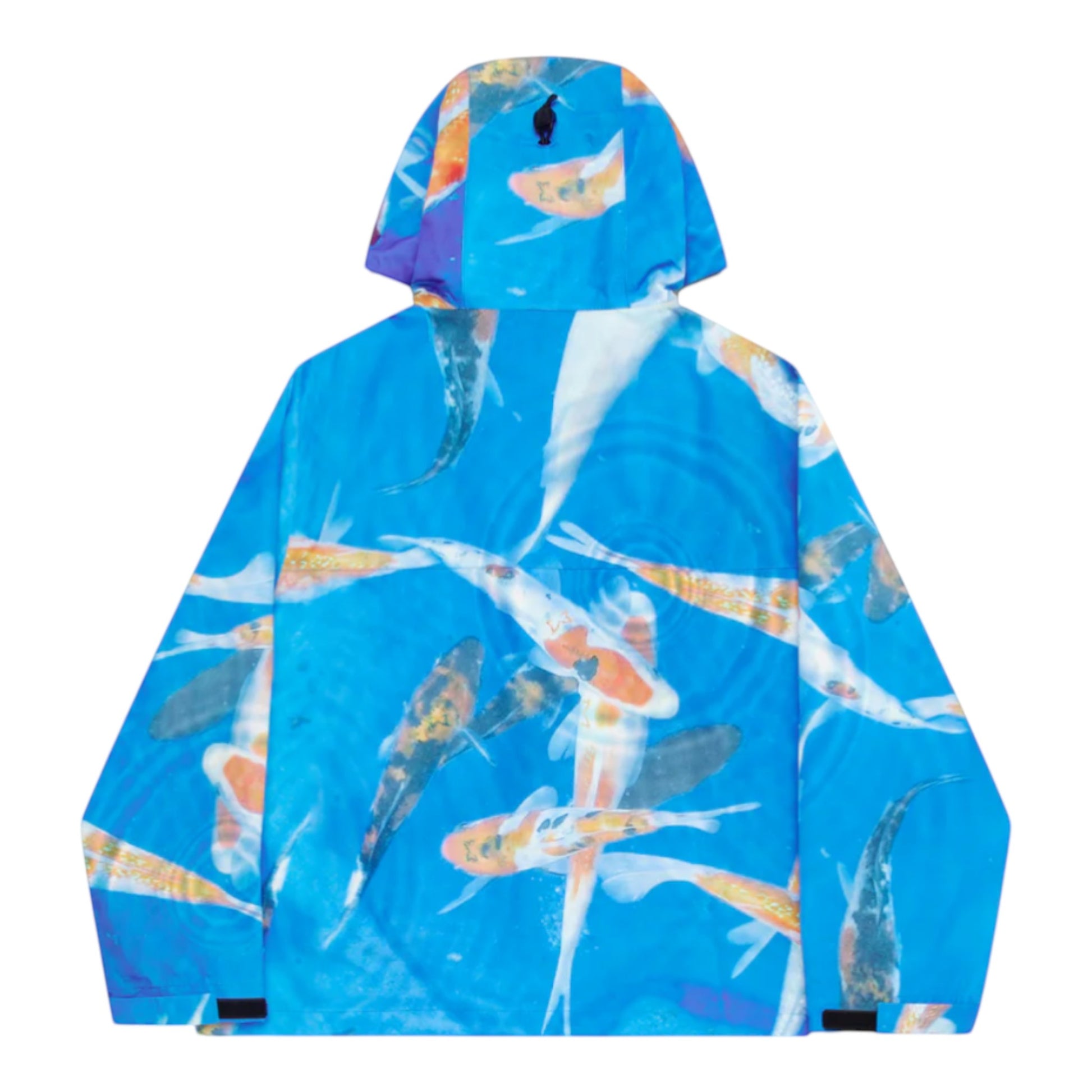 OFFCODE.USA blue waterproof polyester Koi jacket with hood, velcro wrist straps, and waist toggles.