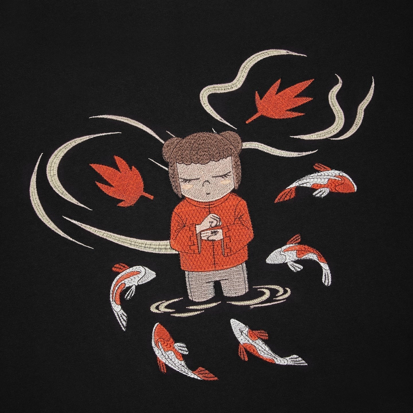 OFFCODE.USA black 100% cotton t-shirt with embroidered koi fish and a meditating figure surrounded by leaves.