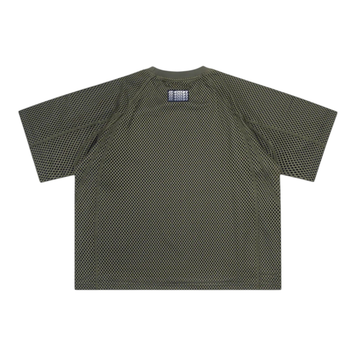 OFFCODE.USA olive green layered mesh jersey with built-in t-shirt, screen printed graphic, and woven label. Boxy fit.