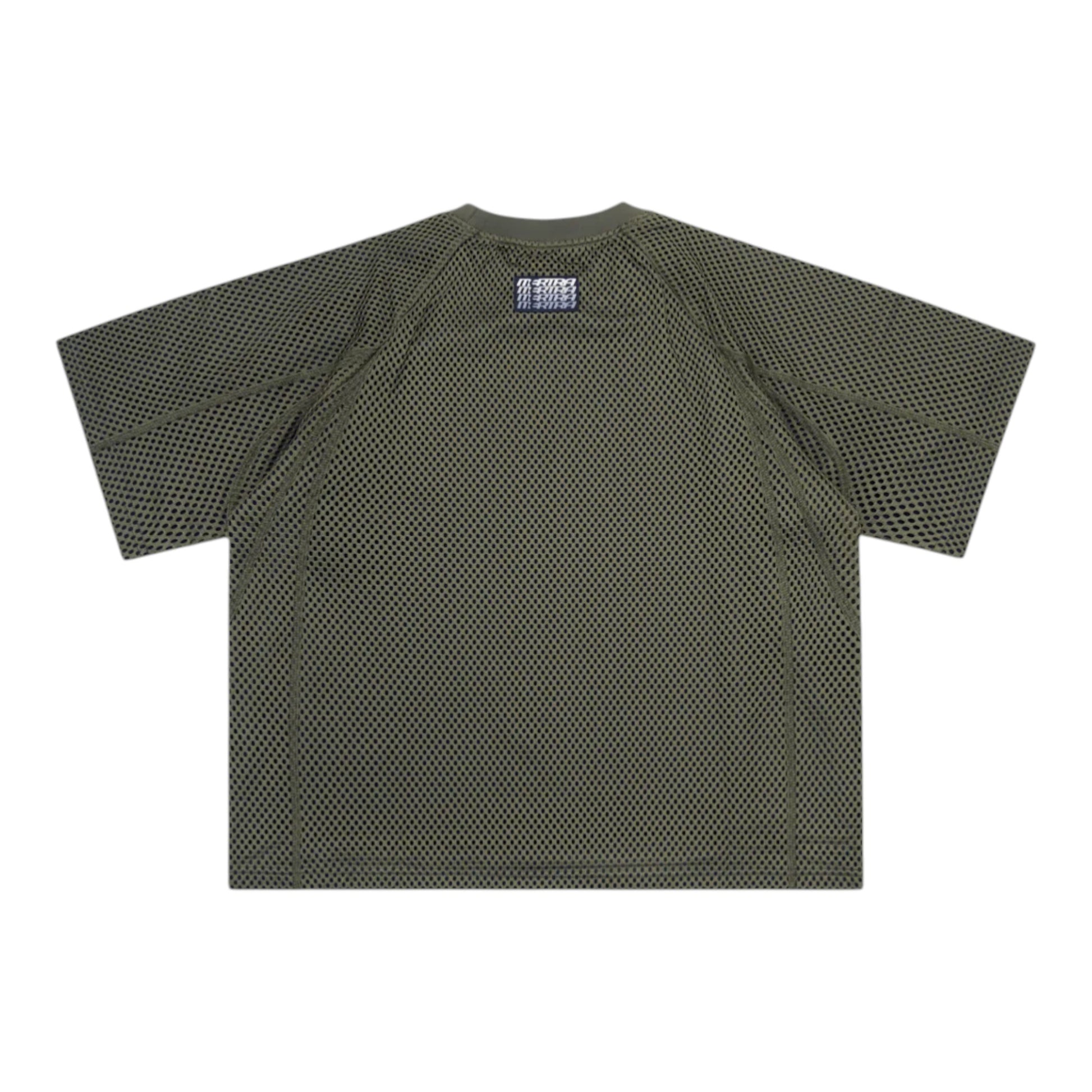OFFCODE.USA olive green layered mesh jersey with built-in t-shirt, screen printed graphic, and woven label. Boxy fit.