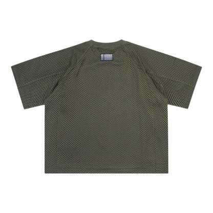 OFFCODE.USA olive green layered mesh jersey with built-in t-shirt, screen printed graphic, and woven label. Boxy fit.