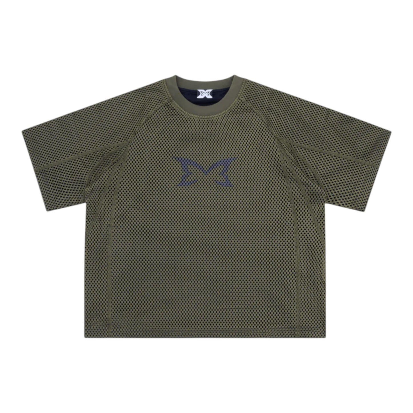 OFFCODE.USA olive green layered mesh jersey with screen printed graphic and boxy fit.
