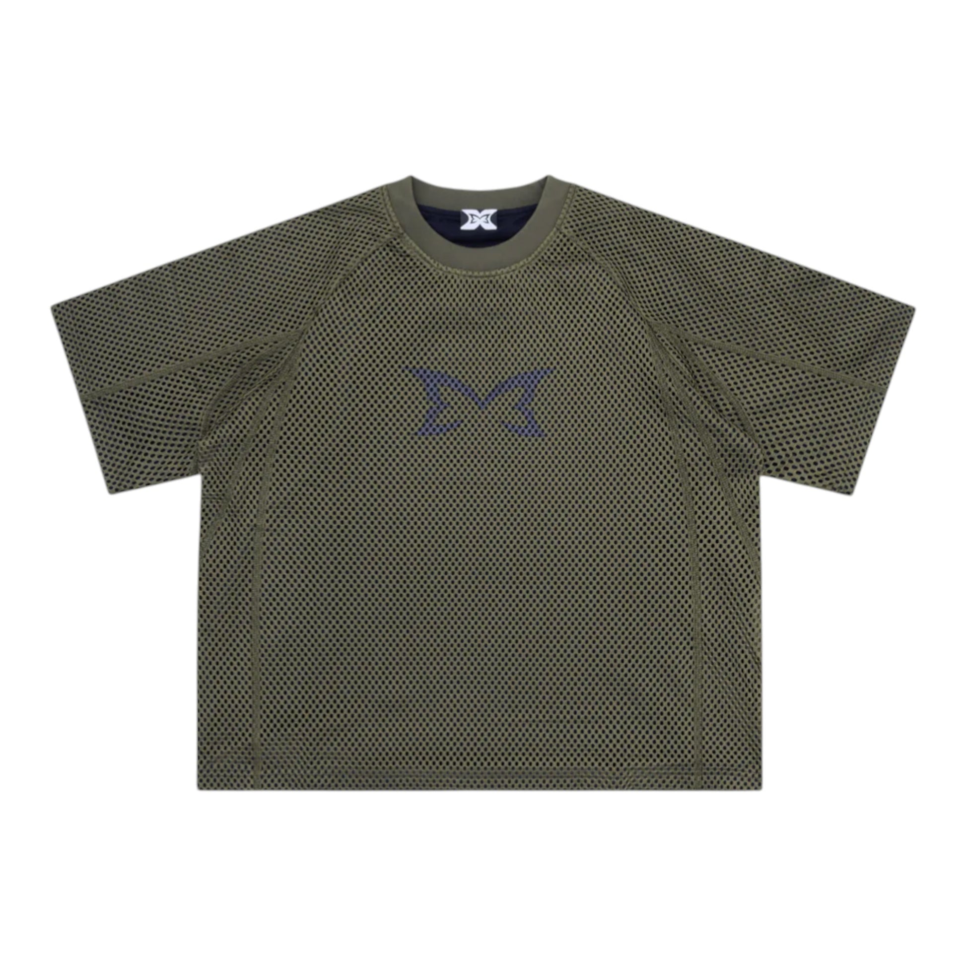 OFFCODE.USA olive green layered mesh jersey with screen printed graphic and boxy fit.