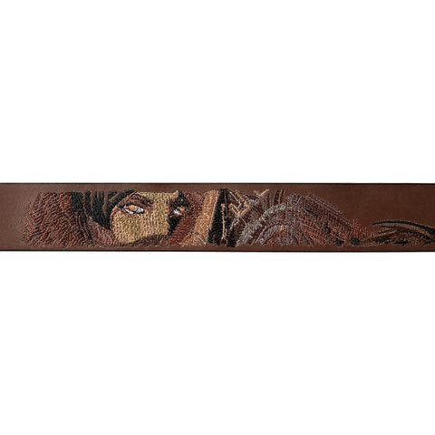 OFFCODE.USA light brown full-grain leather belt with embroidered eye motif and metal buckle. Sized 32-36.