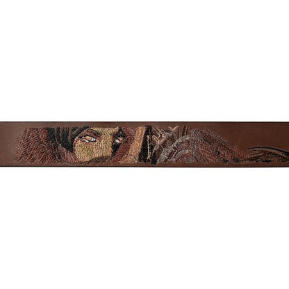 OFFCODE.USA light brown full-grain leather belt with embroidered eye motif and metal buckle. Sized 32-36.