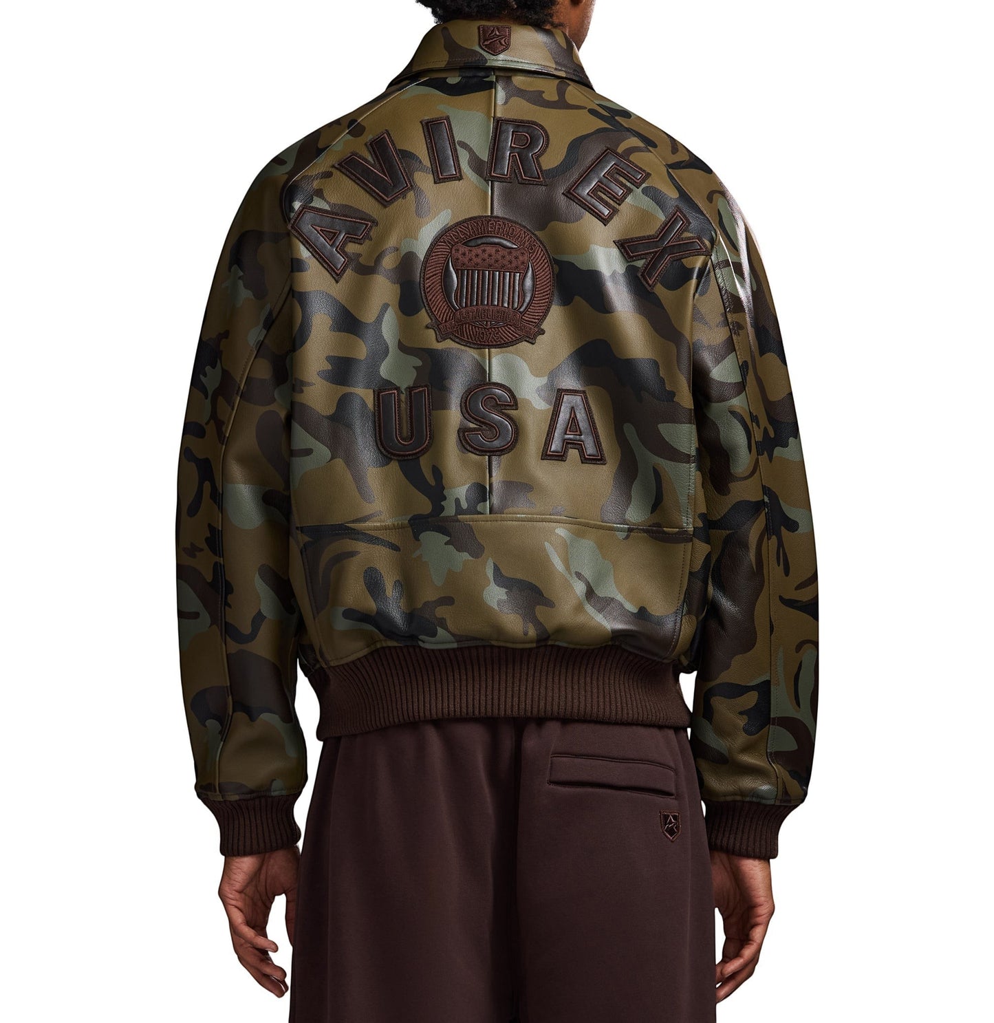 OFFCODE.USA Limited Edition Camo Icon Bomber Jacket in 100% goat leather with tonal camo print and embroidered logo details.
