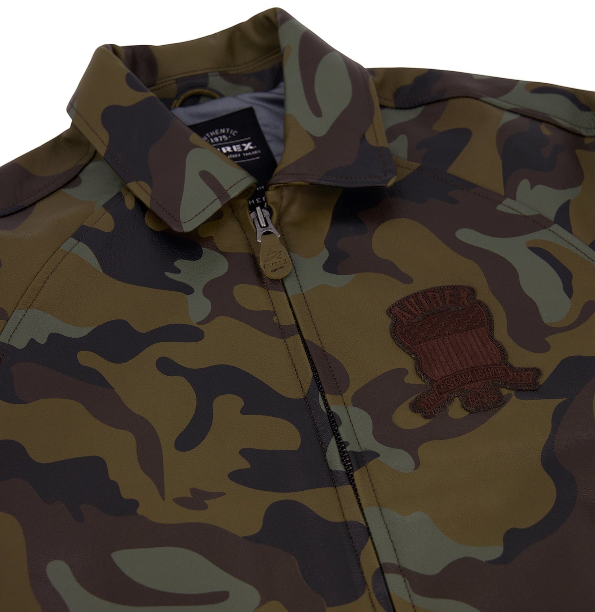 OFFCODE.USA Limited Edition Camo Icon Jacket in 100% goat leather with tonal camo print and embroidered logo patch.