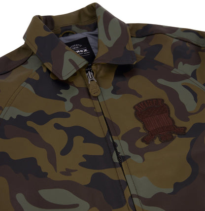 OFFCODE.USA Limited Edition Camo Icon Jacket in 100% goat leather with tonal camo print and embroidered logo patch.