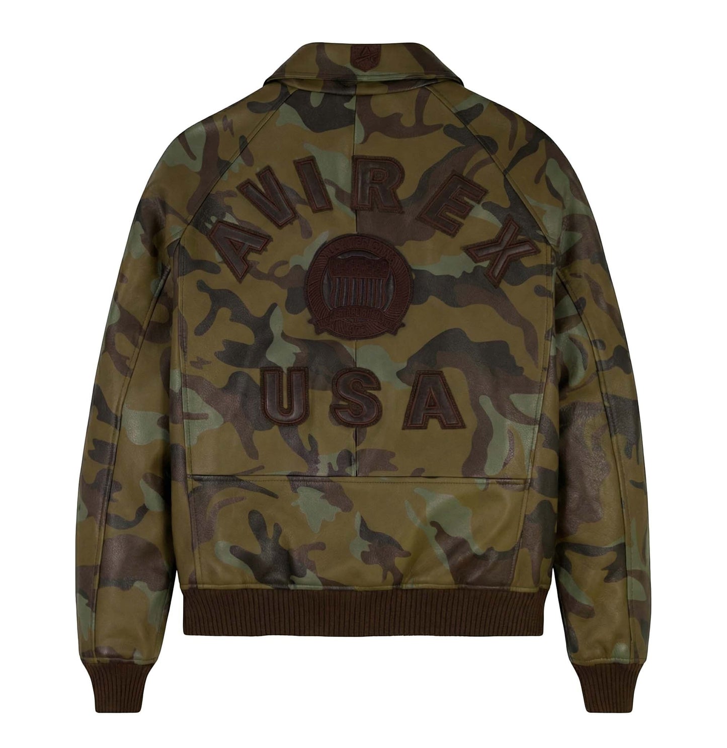 OFFCODE.USA LIMITED EDITION CAMO ICON JACKET: 100% goat leather bomber jacket with tonal camo print, logo details, and ribbed cuffs.