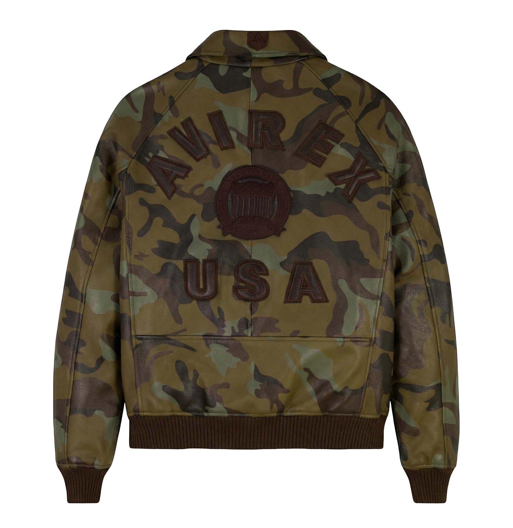 OFFCODE.USA LIMITED EDITION CAMO ICON JACKET: 100% goat leather bomber jacket with tonal camo print, logo details, and ribbed cuffs.