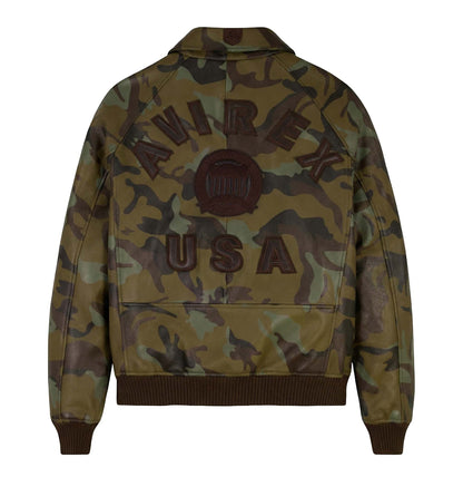 OFFCODE.USA LIMITED EDITION CAMO ICON JACKET: 100% goat leather bomber jacket with tonal camo print, logo details, and ribbed cuffs.